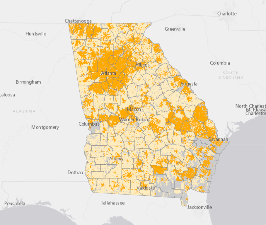 The Vinson Institute map shows where broadband access is limited through much of Georgia.