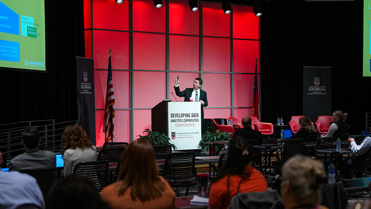 Taka Ariga, chief data scientist and director of the Innovation Lab at the U.S. Government Accountability Office, delivers a keynote address at the conference.