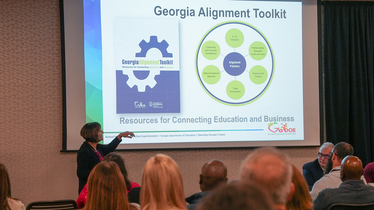 Barbara Wall with GaDOE and Marcus Repp with Noble House Hotels Cooperate presented about building regional alignment between industry and education at the 2023 Georgia Workforce Conference. (Photo by Sara Ingram)