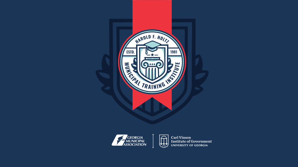 picture of the new logo and brand for the Harold F. Holtz Municipal Training Institute, along with the Georgia Municipal Association logo and the Carl Vinson Institute of Government logo.