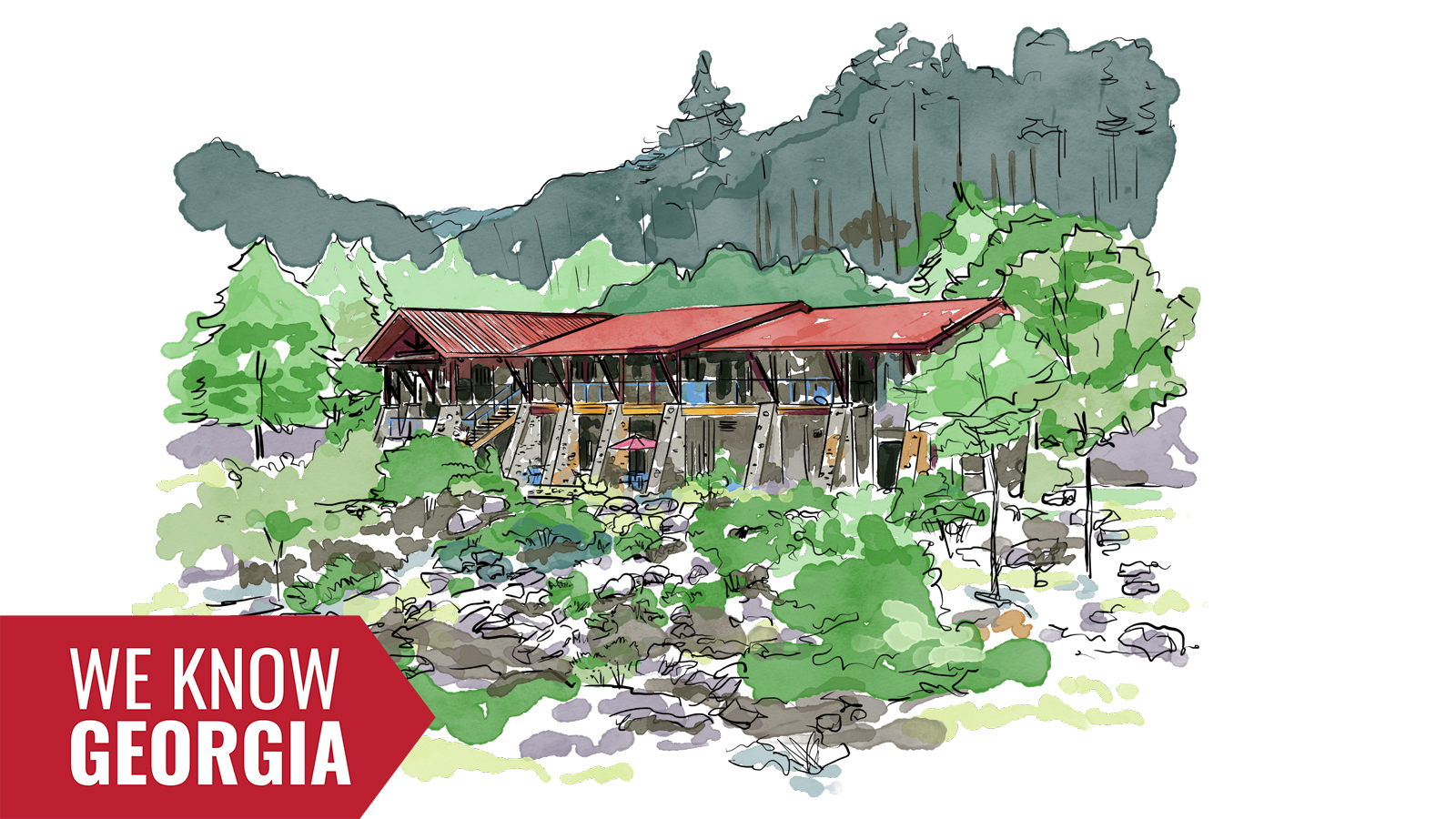 Watercolor sketches by team members Clark Stancil and Kaitlin Messich bring the ideas to life. This sketch shows the Ocoee Whitewater Center.