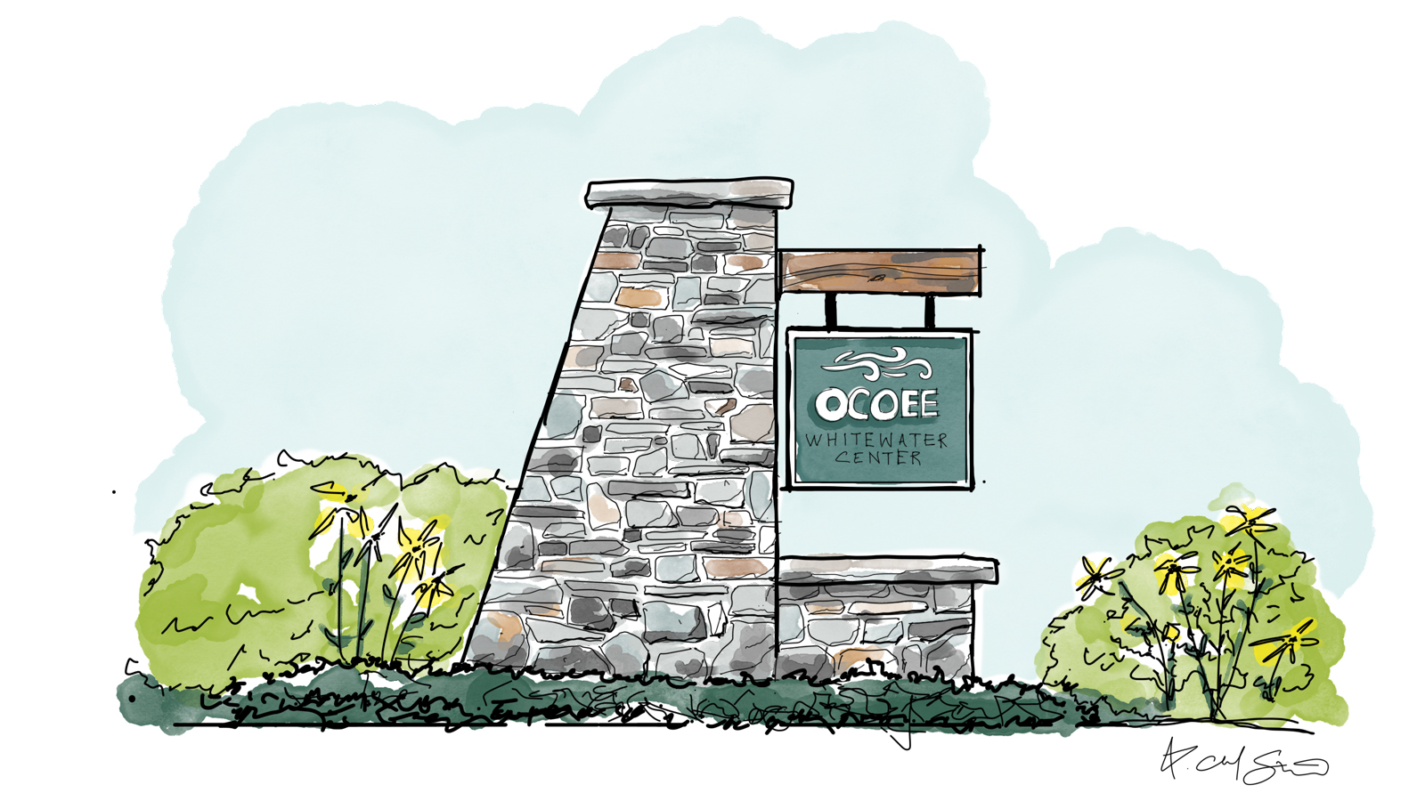 Watercolor sketches by team members Clark Stancil and Kaitlin Messich bring the ideas to life. This sketch shows the Ocoee Whitewater Center entrance sign.