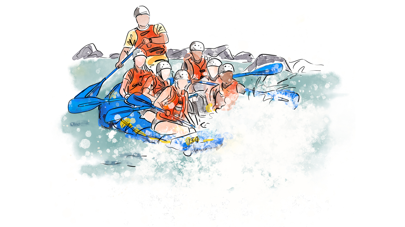 Watercolor sketches by team members Clark Stancil and Kaitlin Messich bring the ideas to life. This sketch shows rafting.