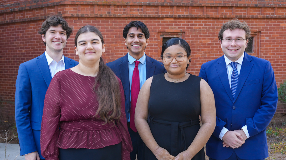 From left to right, Vinson Fellows Alex Drahos, Emma Mineva, Aarov Malhotra, Nissa Dotson and Adam Brantley. (Photo by Sara Ingram)