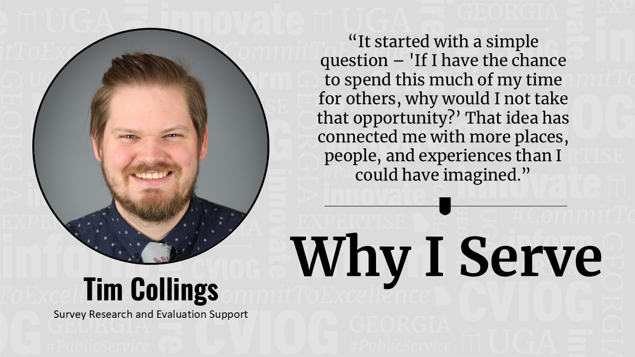 picture of Tim Collings with words "It started with a simple question – 'If I have the chance to spend this much of my time for others, why would I not take that opportunity?’ That idea has connected me with more places, people, and experiences than I could have imagined." Why I Serve.