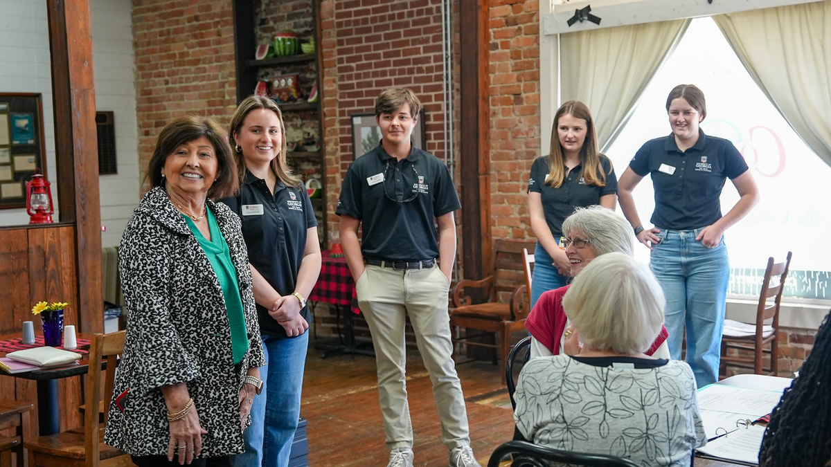 From left to right, Cordele Crisp Chamber of Commerce President Monica Simmons,  PROPEL Rural Scholars Lydia Bellflower, Chase Walker, Robie Lucas and Sophie Dechant visit the Cordele Historical Museum. (Photo by Sara Ingram)