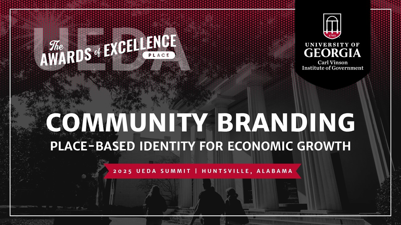 Presentation opening slide, with UEDA awards logo and the words "Community Branding" in large type across the center cof the image.
