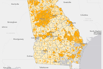 The Vinson Institute map shows where broadband access is limited through much of Georgia.